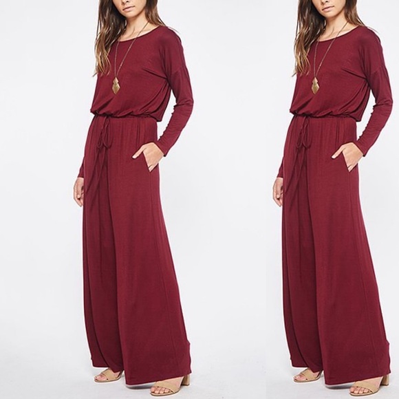 Pants - Burgundy Drawstring-Waist Pocket LS Jumpsuit